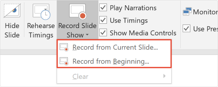 Record from current slide or beginning