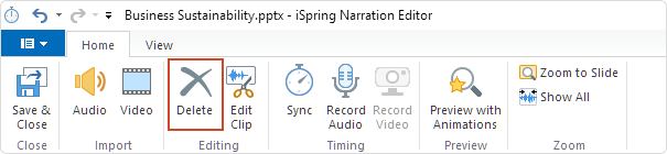 The Delete button on the Video Editor’s toolbar