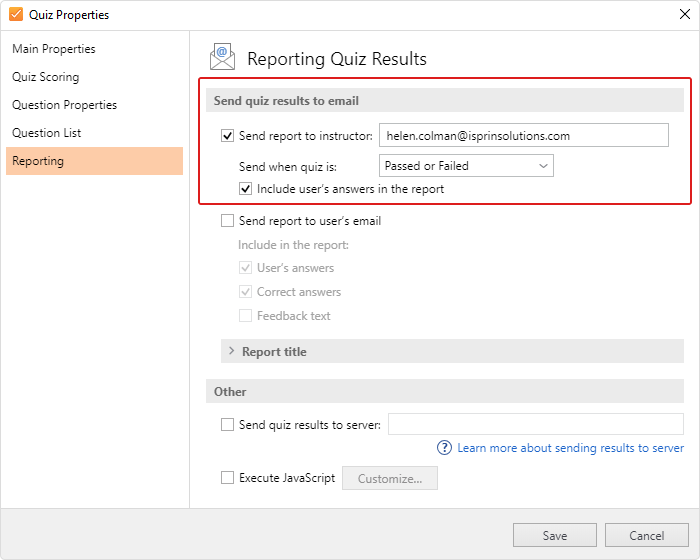 Reporting quiz results in iSpring Suite