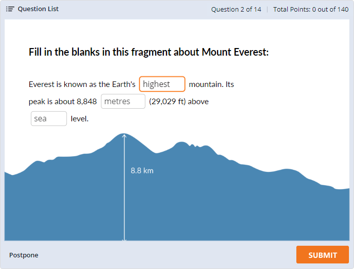 Example of Fill in the Blanks quiz question