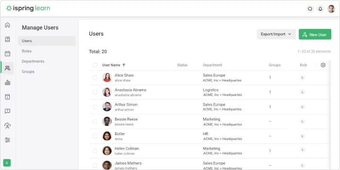 Mirror company structure in iSpring Learn