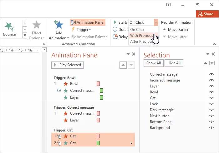 Selecting the start with previous option