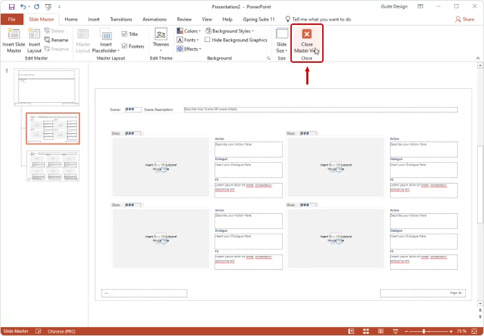 A PowerPoint screenshot that shows how to save the changes in your storyboard template