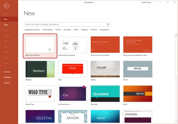 A screenshot describing how to create a blank presentation in PowerPoint