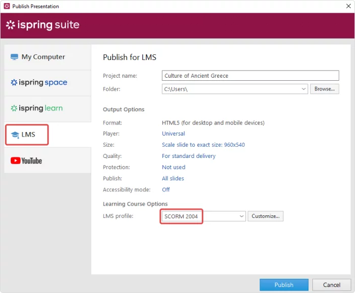 Publishing courses in SCORM using iSpring Suite