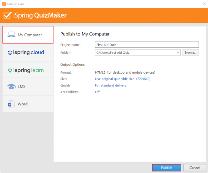 Publishing a quiz in iSpring QuizMaker