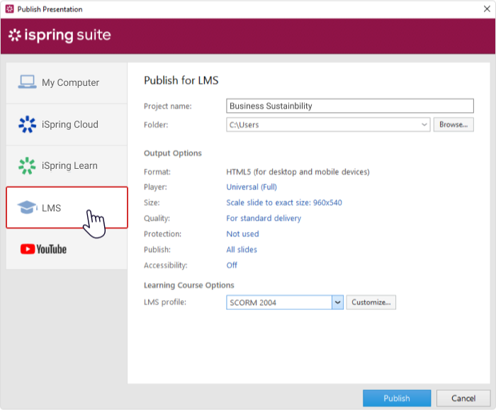 Publish Presentation window in iSpring Suite 