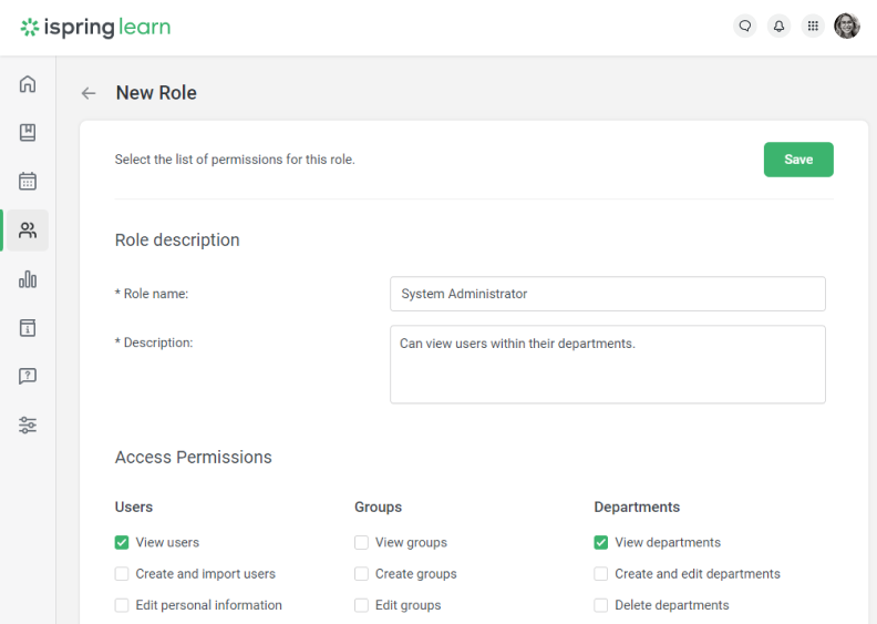 iSpring Learn feature that allows you to customize permissions